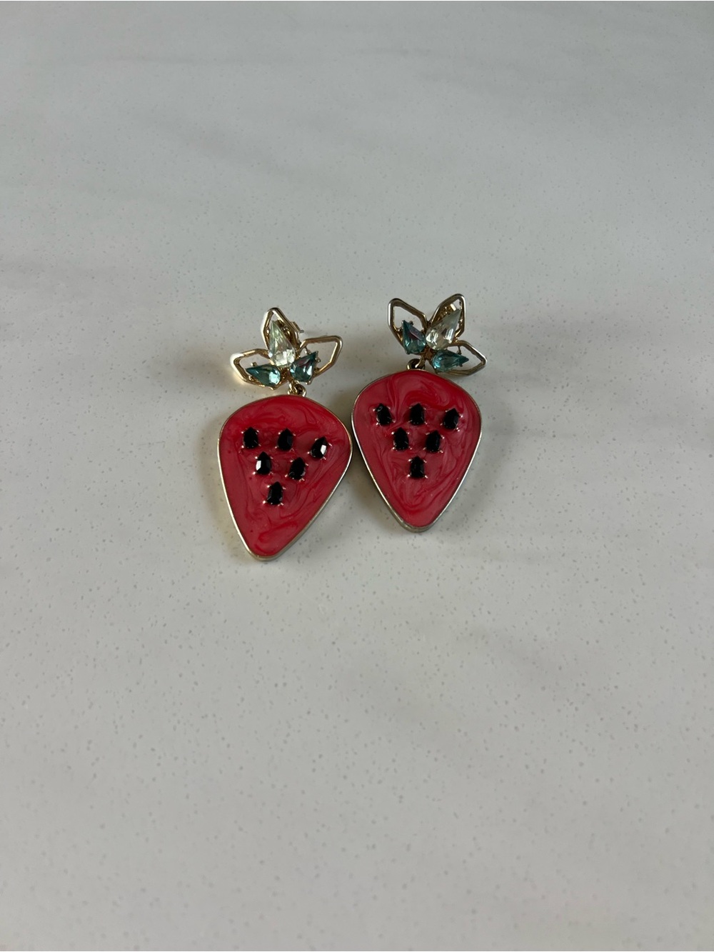 Strawberry Drop Earrings with Red Enamel and Green Crystal Leaves